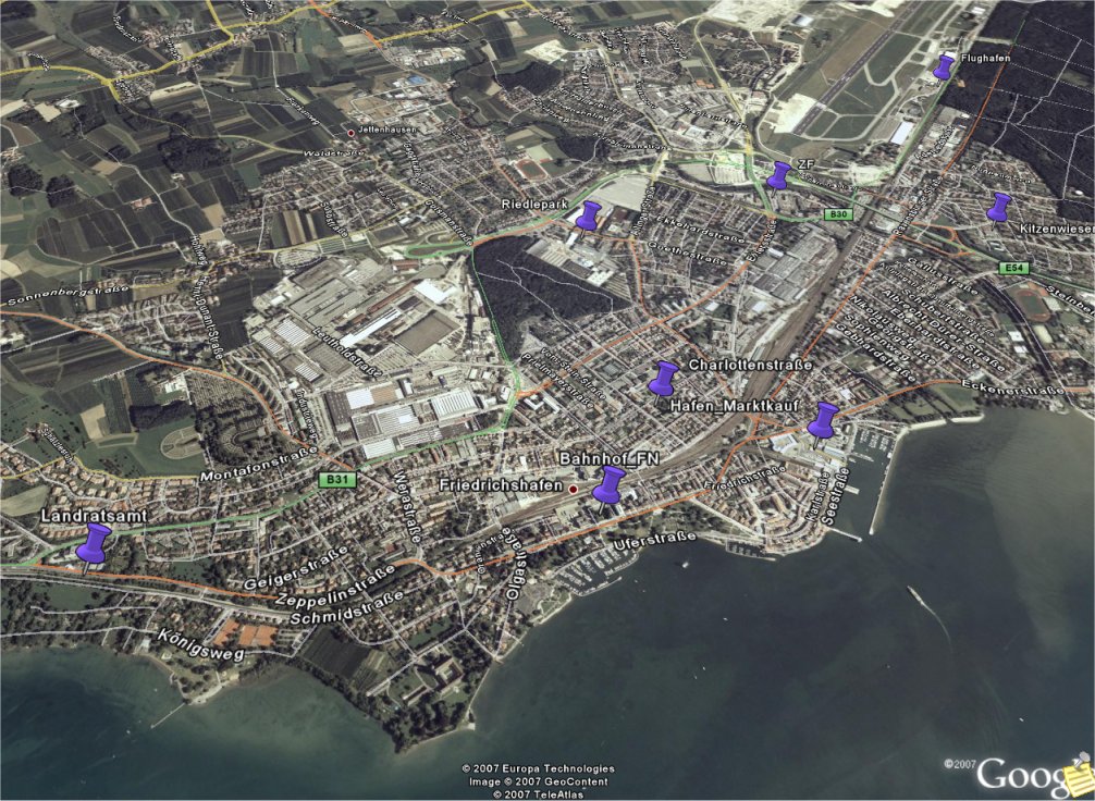 GoogleEarth-Stadtbild mit 8 möglichen Standorten